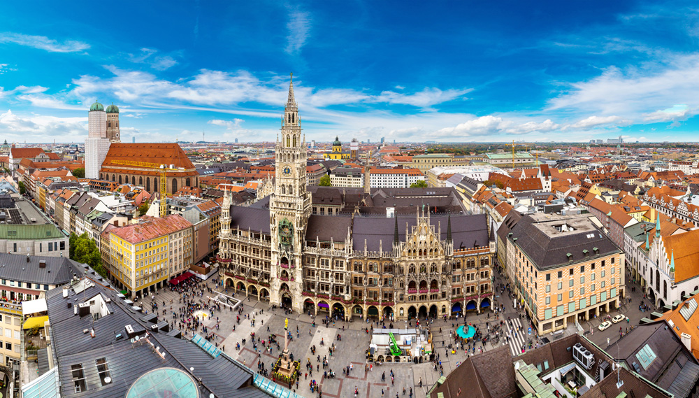 Aerial view of Marienplatz Town Hall and Frauenkirche in Munich, Germany 