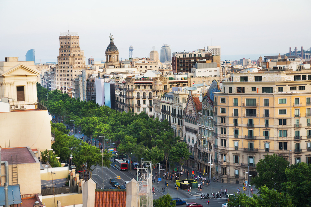 Aerial view of Passeig de Gracia's major avenues in Barcelona, Spain 
