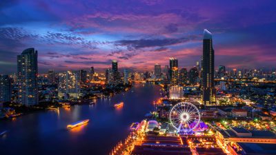 Bangkok and Chao Phraya River at twilight, Bangkok, Thailand