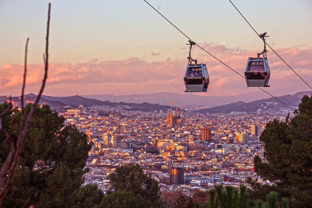 Teleferic de Montjuic and view of Barcelona, Spain 