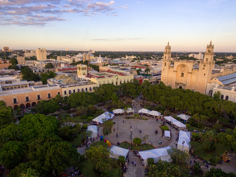 Aerial view of Plaza de la Independencia and Merida Cathedral, Merida, Mexico 