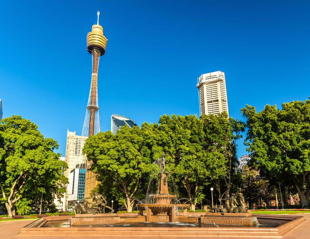 Archibald Fountain in Hyde Park with Sydney Tower Eye in background, Sydney, Australia 