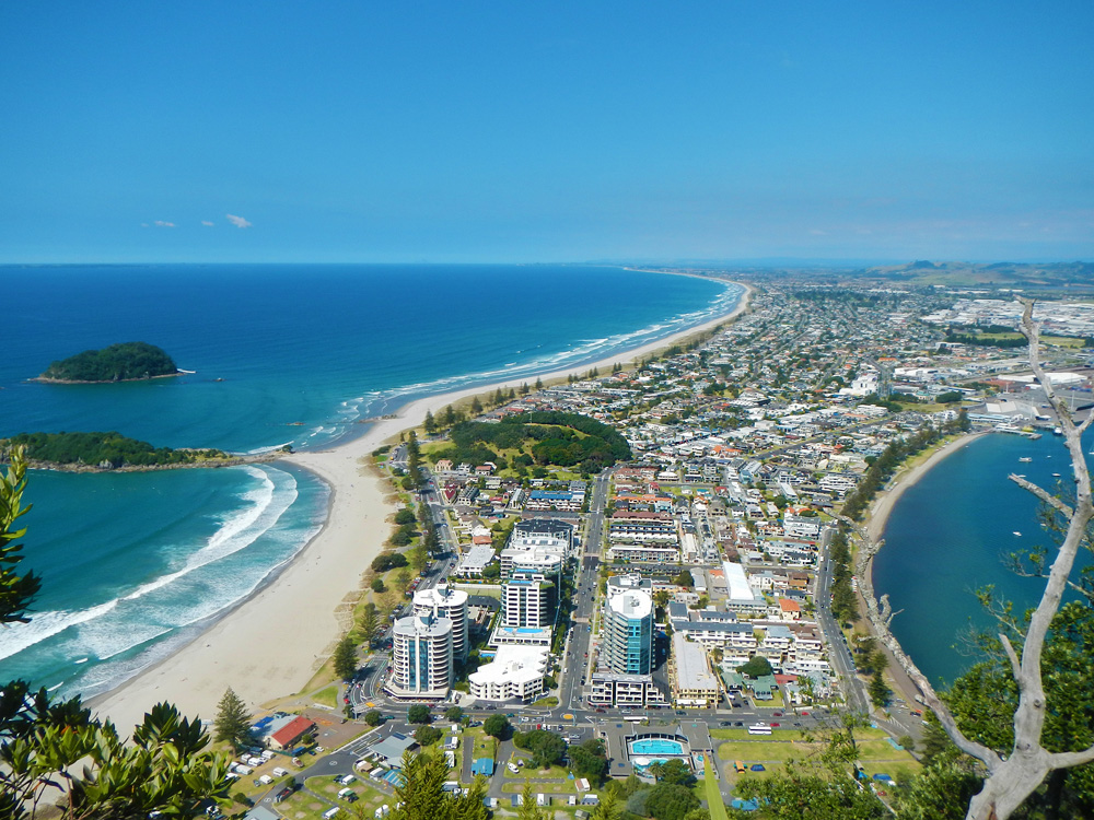 City of Tauranga as seen from the famous scenic lookout place on Mount Maunganui, Bay of Plenty, New Zealand 