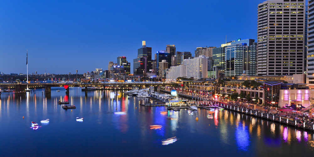 Darling Harbour at sunset, Sydney, New South Wales, Australia 