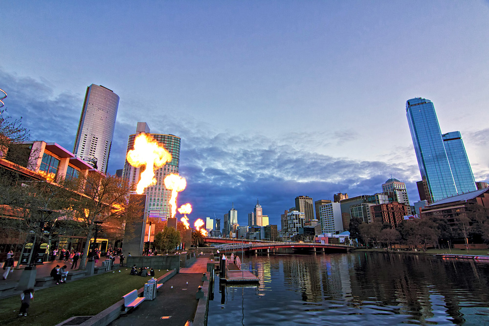 Fire show at Melbourne Crown Casino during twilight, Melbourne, Australia 