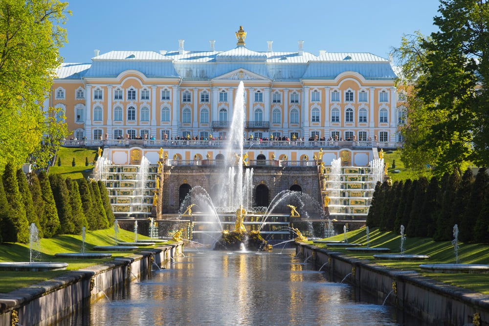 Grand Palace and cascade in Peterhof, St Petersburg, Russia 
