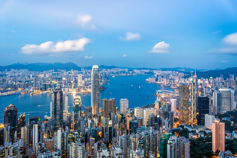 Hong Kong skyline from Victoria Peak and blue skies 