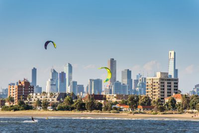 Melbourne skyline and St Kilda's Beach, Australia
