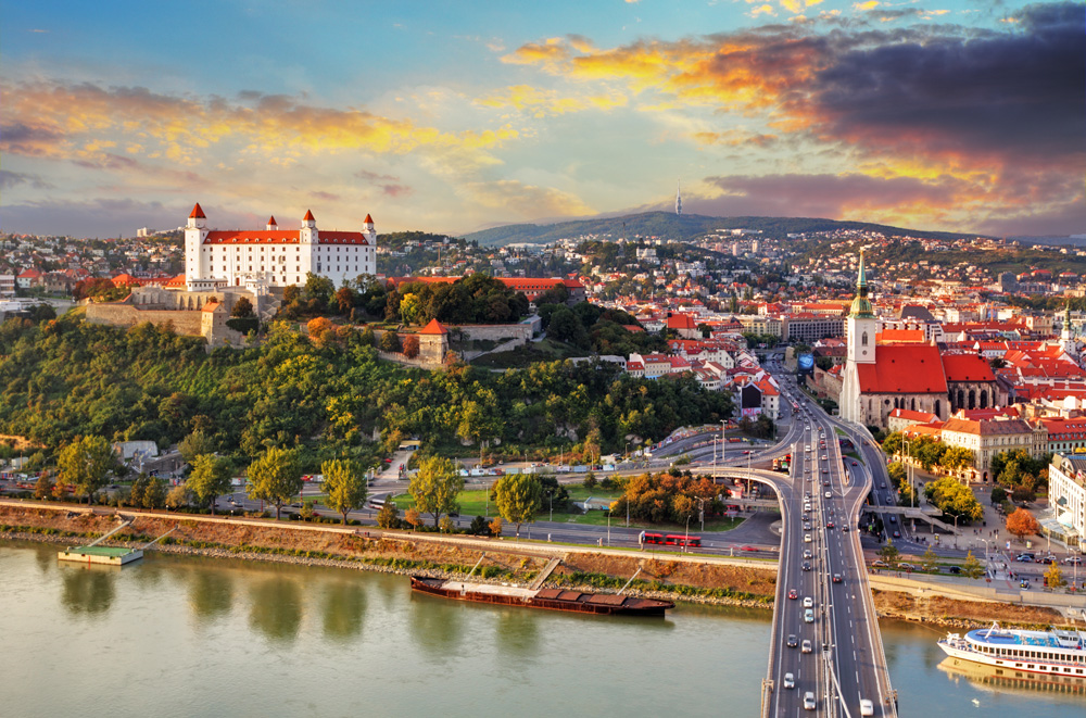 Aerial view of Bratislava at sunset, Slovakia 