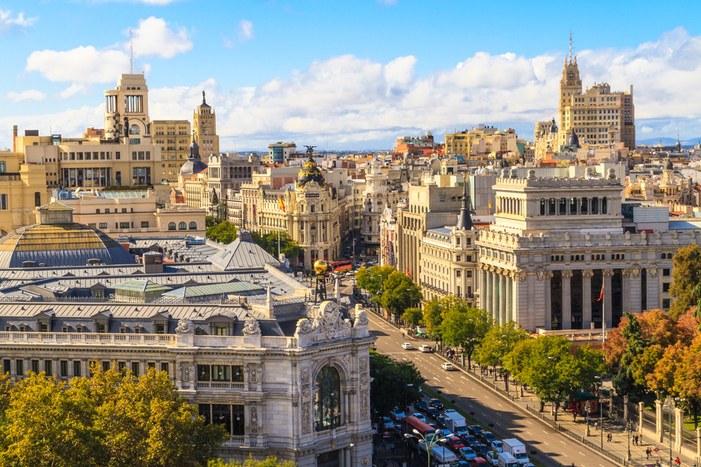 Aerial view of Gran Via shopping street in Madrid, Spain 