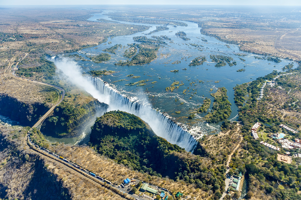 Aerial view of Victoria Falls in Zambia and Zimbabwe 