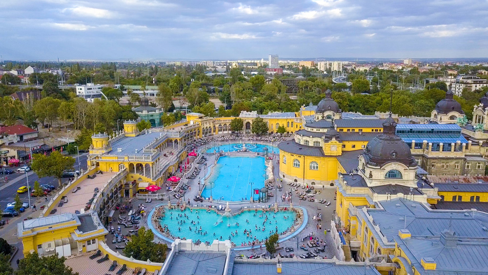 Aerial view of swimming pool at Gellert Spa and Bath in Budapest, Hungary