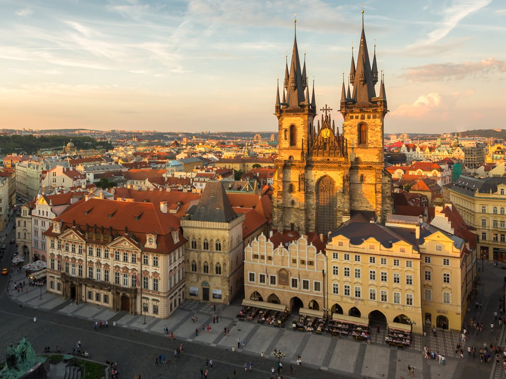 Aerial view over Church of Our Lady Before Tyn at Old Town Square, Prague, Czech Republic 