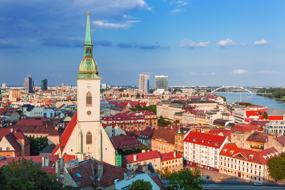 Bratislava's Old Town with St. Martin's Cathedral and Danube River, Bratislava, Slovakia 