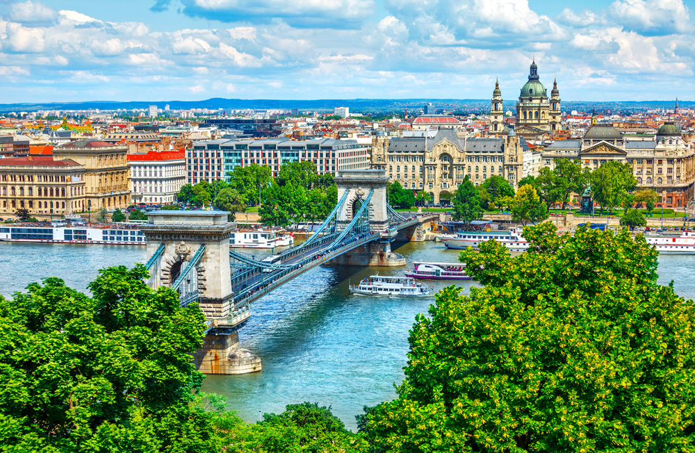 Chain Bridge above Danube River in Budapest. Hungary