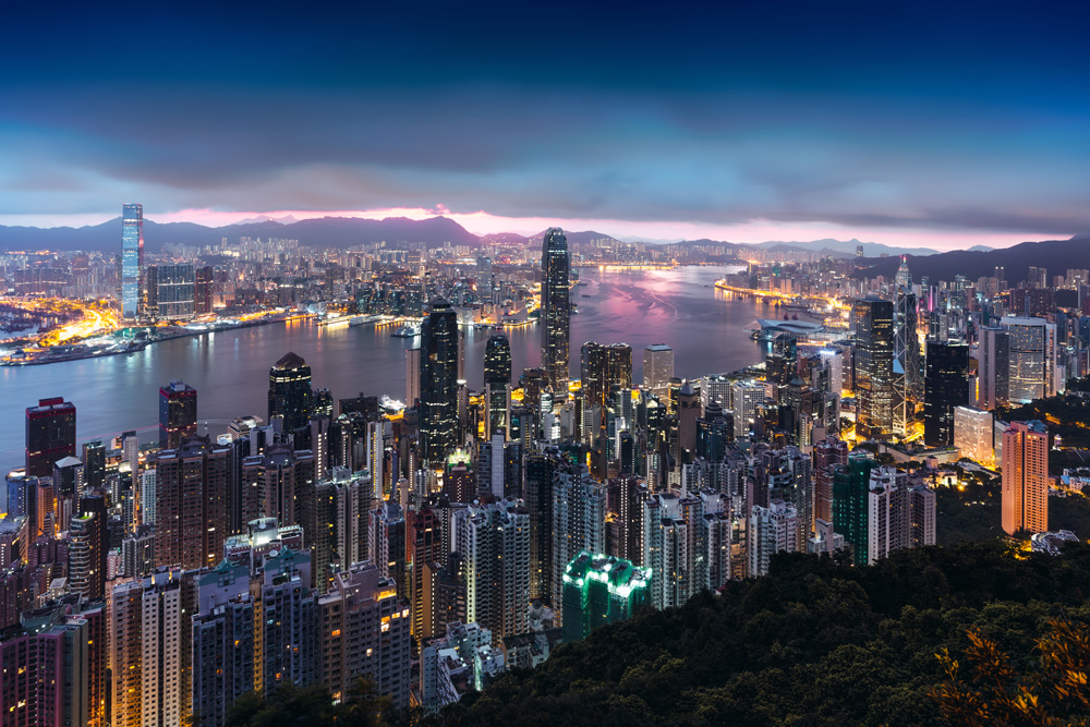 Hong Kong skyline view from Victoria Peak at sunrise, Hong Kong 