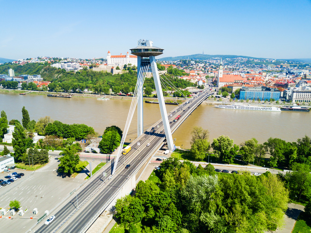 SNP New Bridge above Danube River in Bratislava, Slovakia 