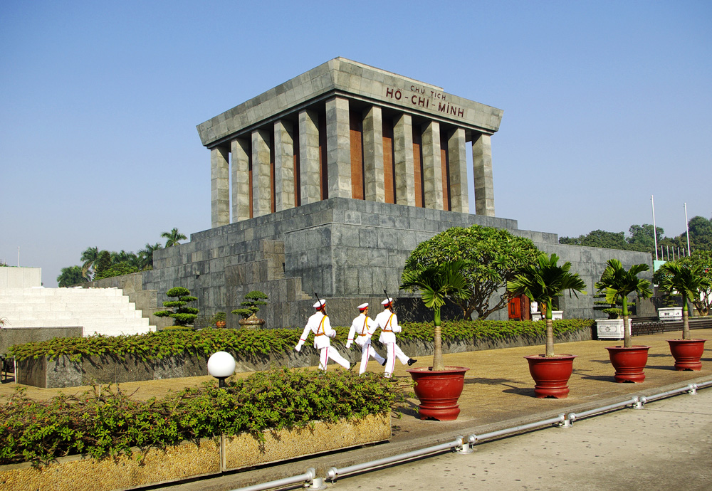 Three guards marching in front of Ho Chi Minh Mausoleum, Hanoi, Vietnam 