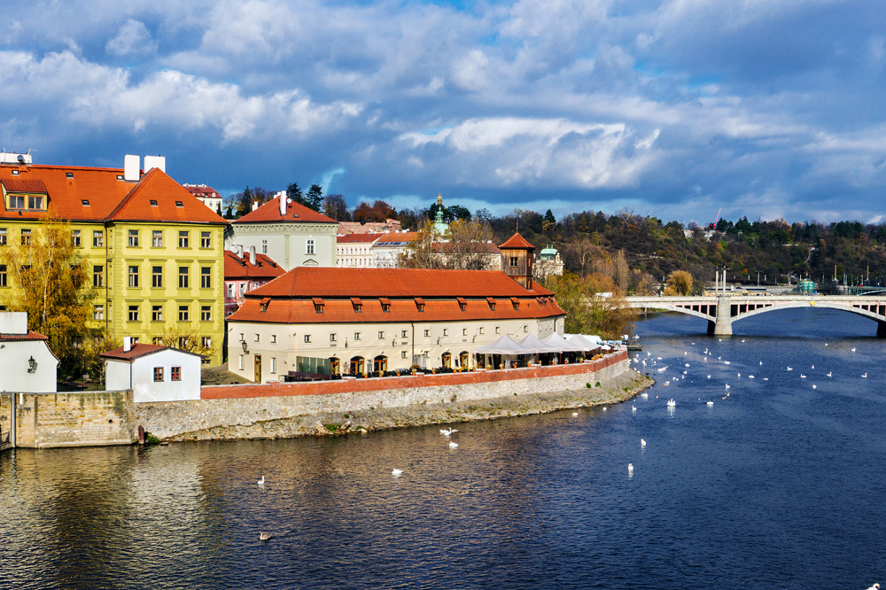 View of Franz Kafka Museum and Vltava River from Charles Bridge, Prague, Czech Republic