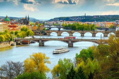 Vltava River and old city centre, Prague, Czech Republic