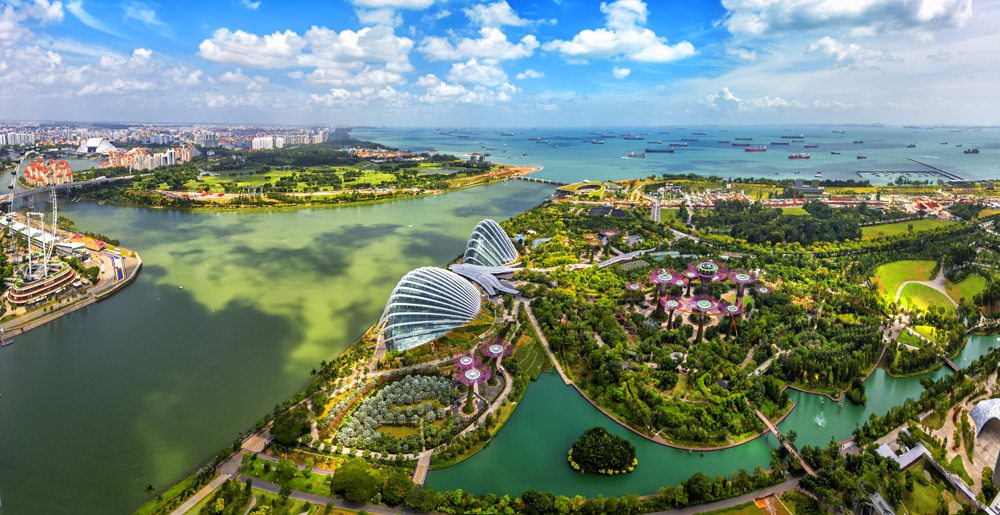 Aerial view of Gardens by the Bay and Singapore skyline 