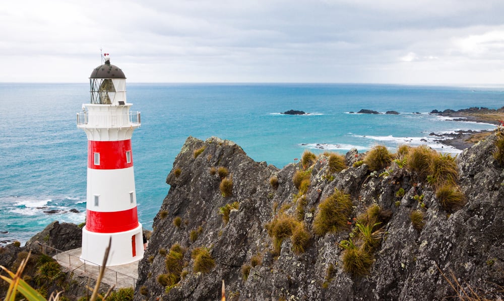 Beautiful lighthouse and coastline at Cape Palliser, North Island, New Zealand 