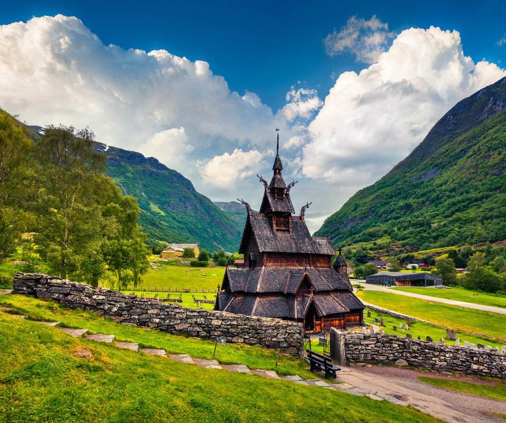 Borgund Stave Church, located in the village of Borgund, Norway 