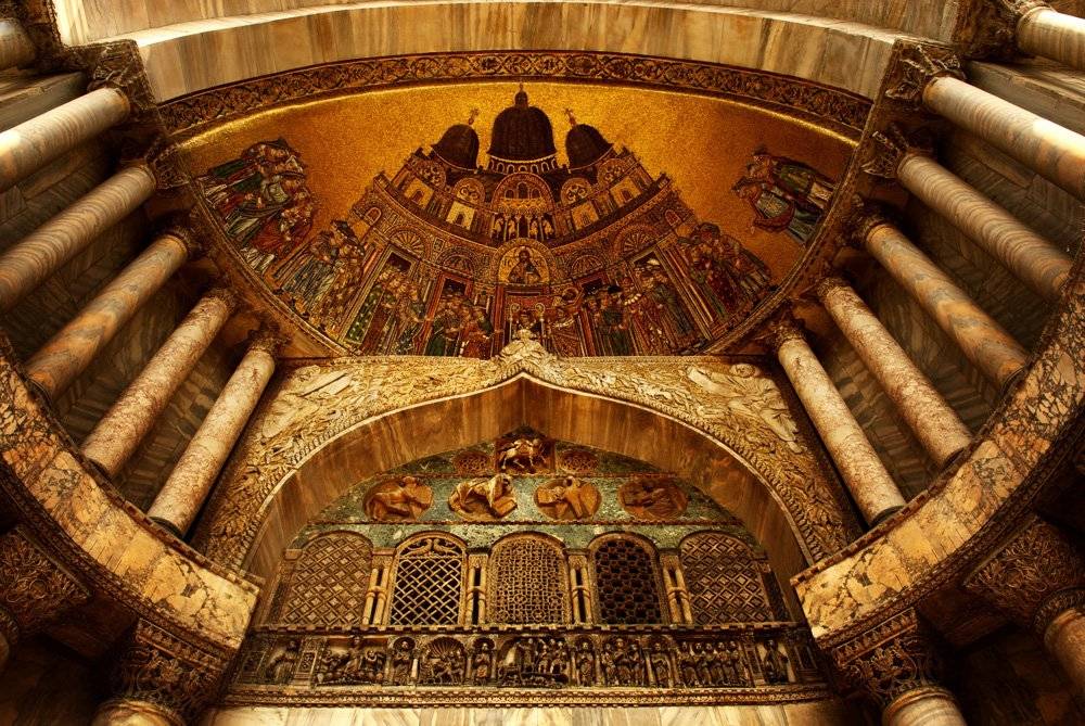 Byzantine mosaics and architecture seen in St. Mark's Basilica's interior, Venice, Italy 