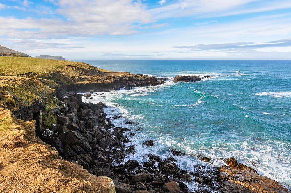 Coastal landscape near Slope Point in Catlins, the southernmost point of New Zealand 