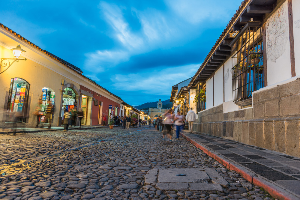 Cobblestone streets of Antigua Guatemala at twilight, Guatemala 