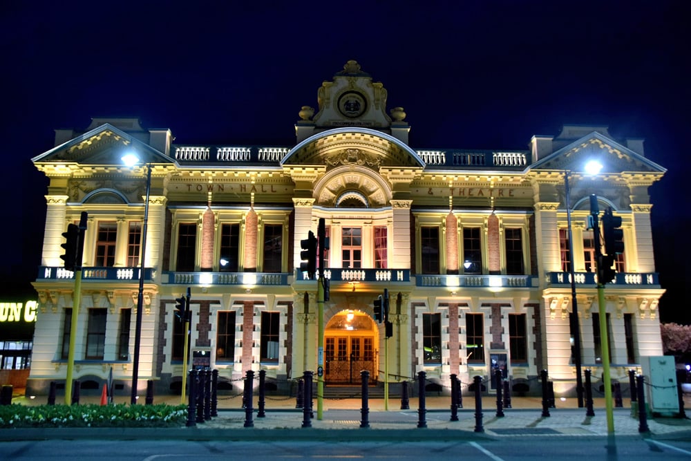 Invercargill City Hall and Theatre at night, New Zealand 
