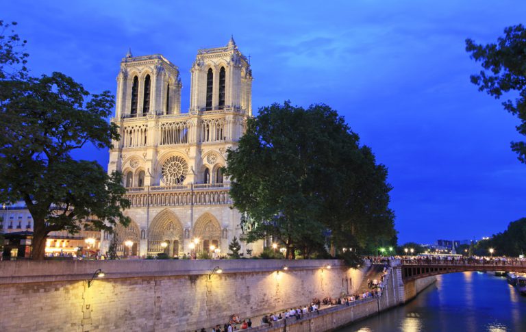 Notre Dame de Paris and the Left Bank at night, Paris, France