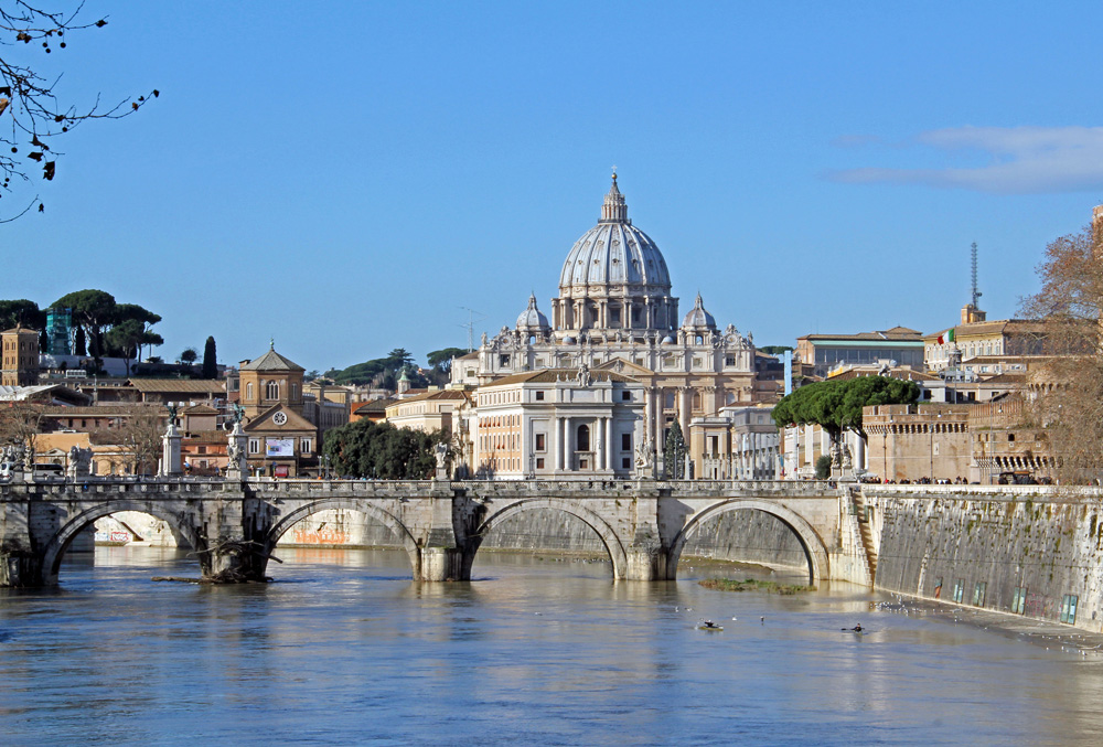 St. Peter's Basilica along the Tiber River in Rome, Italy 