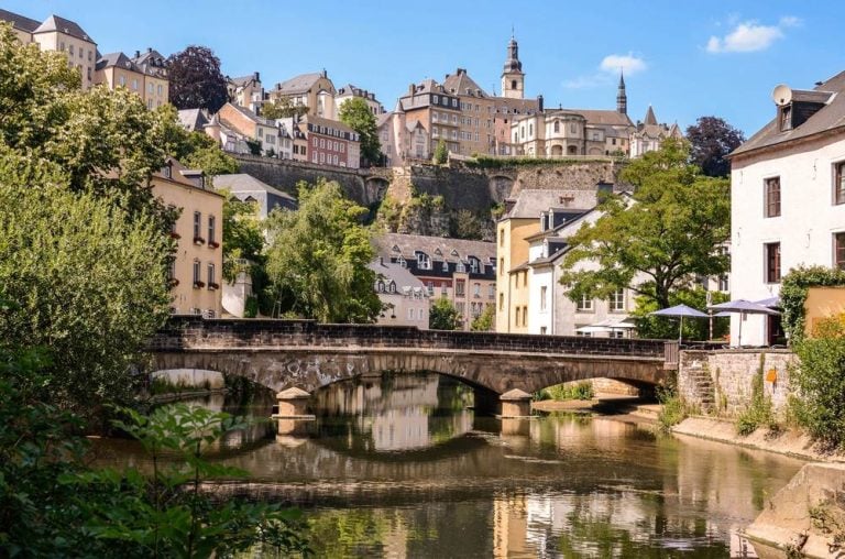 Grund neighbourhood with scenic view of bridge across Alzette River, Luxembourg City, Luxembourg Trip