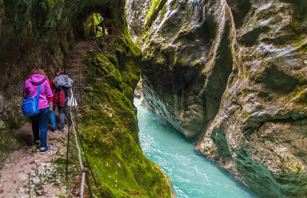 Hiking along Tolmin gorge in Triglav National Park, Slovenia 