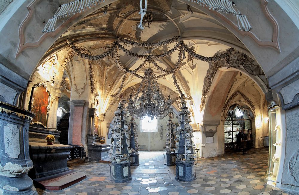 Interior of the Sedlec Ossuary decorated with skulls and bones, Kutna Hora, Czech Republic 