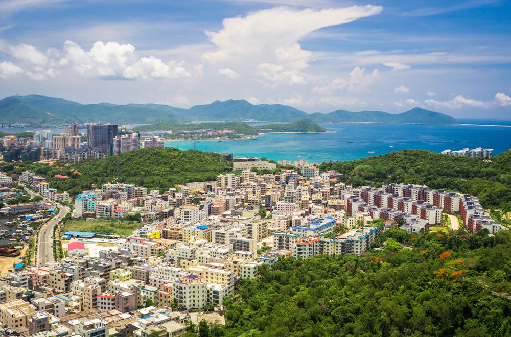 Panoramic view of Sanya city and Dadonghai Bay from Luhuitou Park, Hainan Island, China 