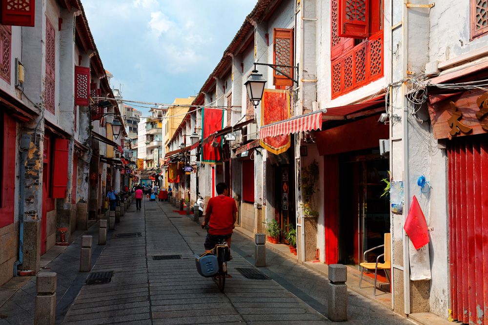 Rua da Felicidade or The Street of Happiness, flanked by traditional Chinese houses, Macau