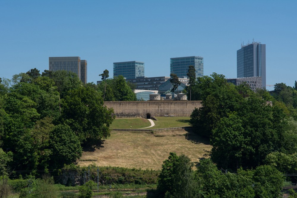 View of Mudam and modern buildings in Kirchberg neighbourhood, Luxembourg City, Luxembourg 