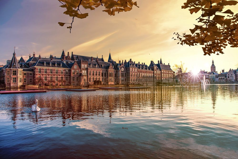 Binnenhof building and The Hague city reflected on the pond, Netherlands 