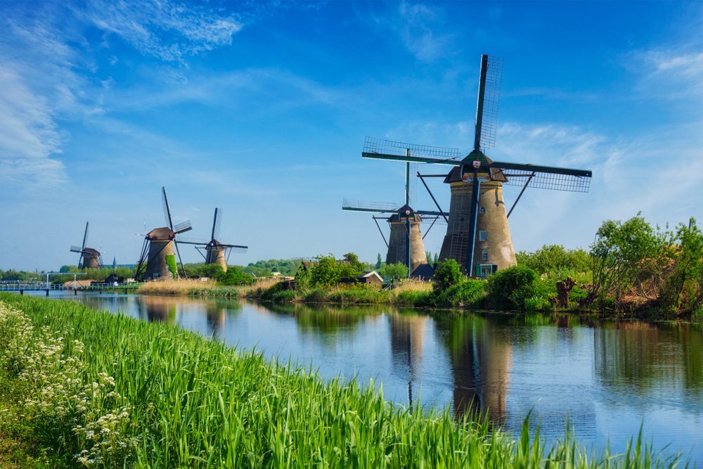 Famous site of windmills in Kinderdijk, Holland, Netherlands 