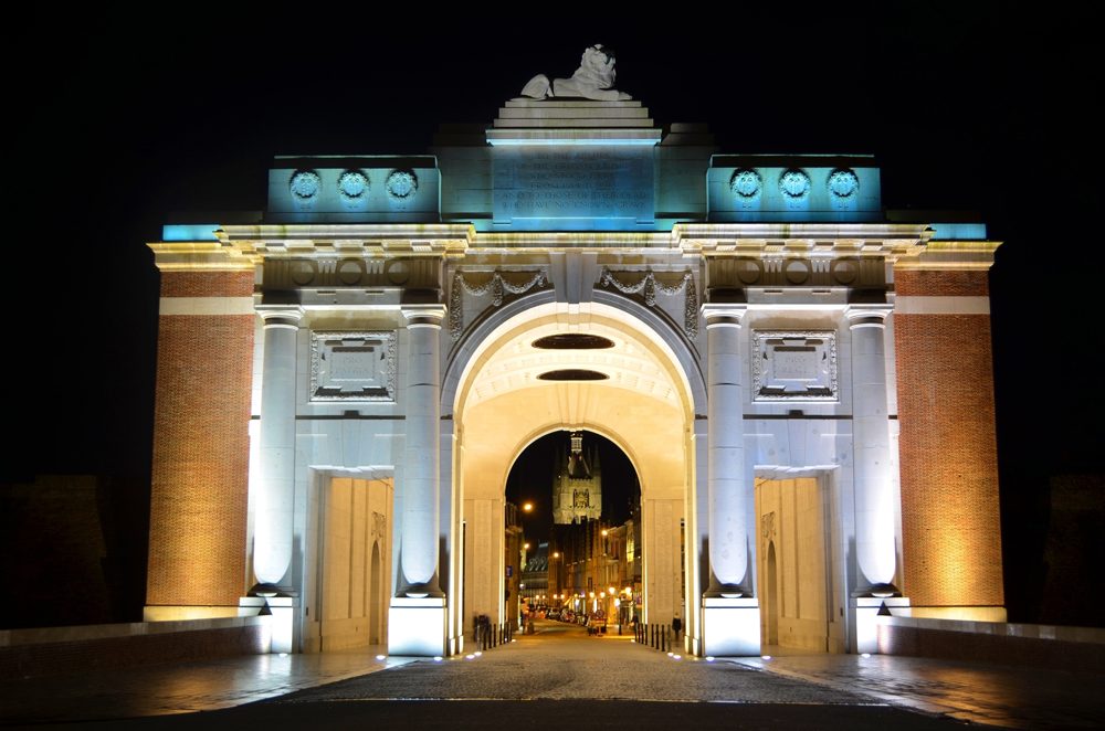 Menin Gate illluminated at night, Ypres, Belgium 
