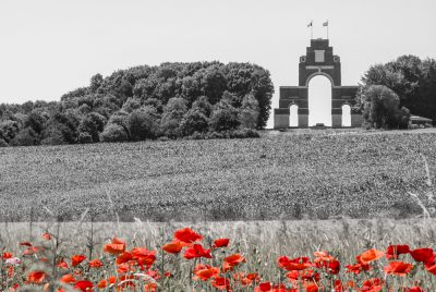 Poppy field in front of World War One's Commonwealth Memorial in Thiepval, France