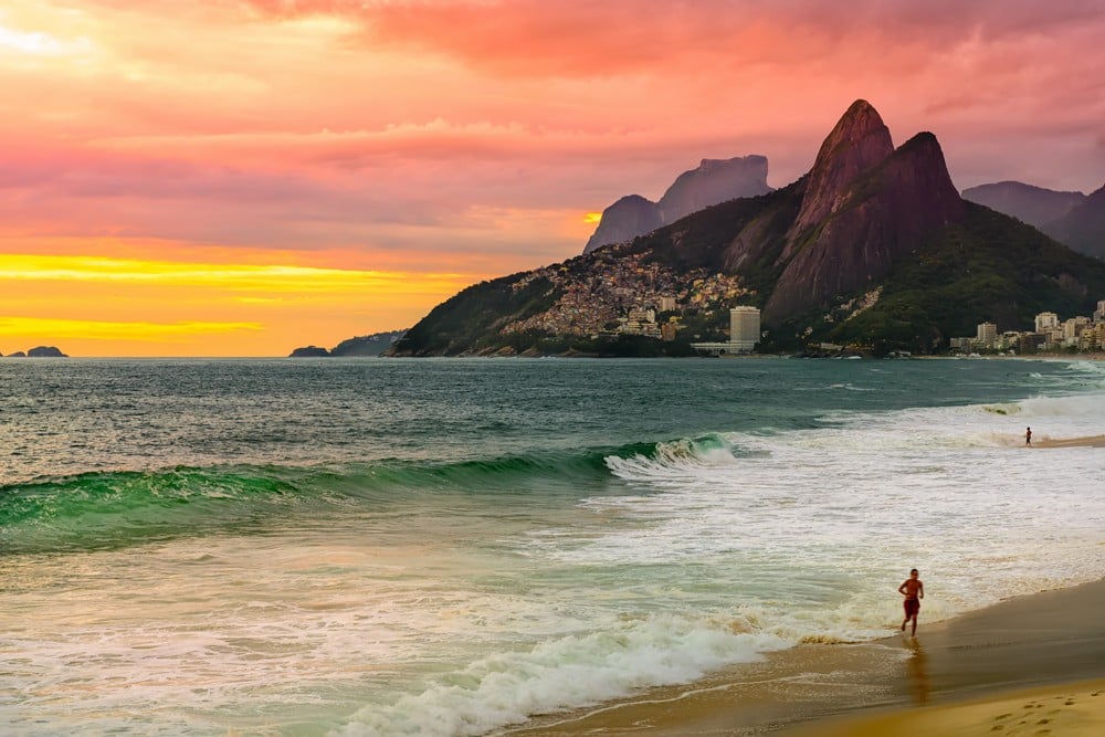 Sunset view of Ipanema beach and mountain Dois Irmao (Two Brothers) in Rio de Janeiro, Brazil