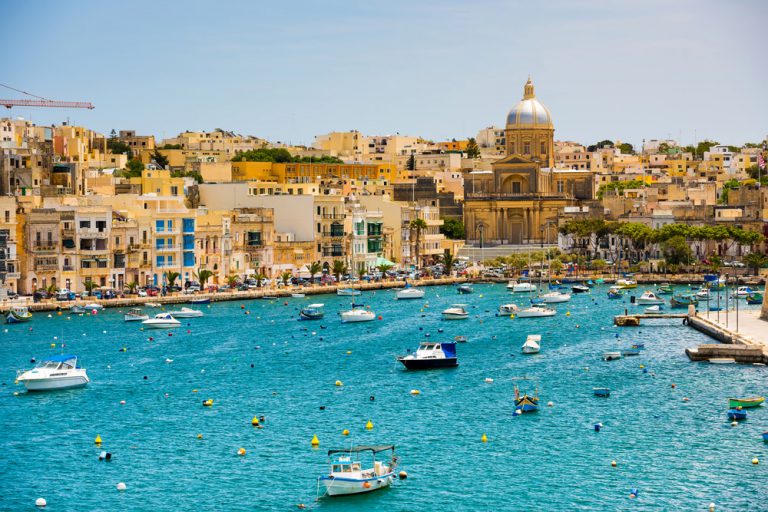 Yachts and boats in the bay near Valletta, Malta