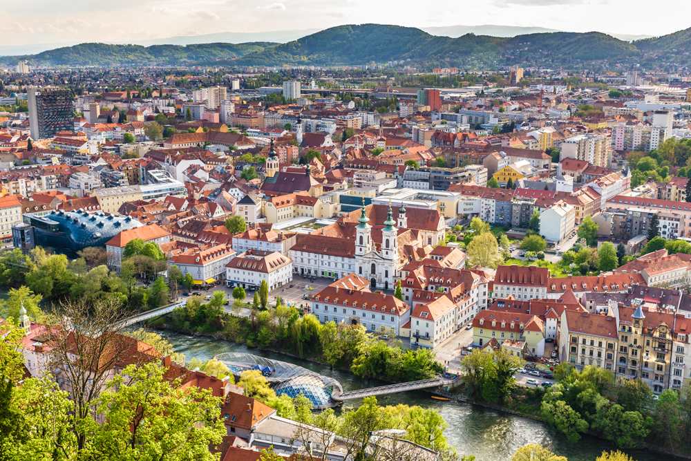 Aerial view of Graz city centre, Graz, Austria 