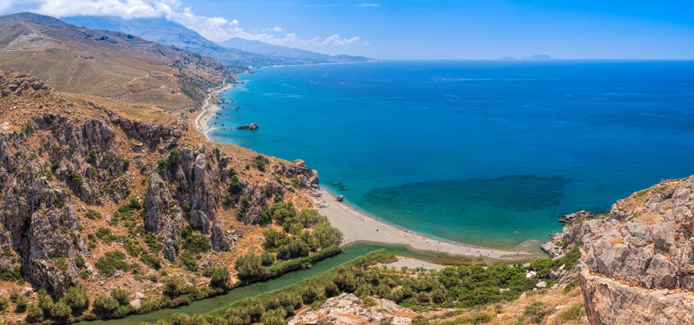 Aerial view of Preveli Beach and lagoon in the island of Crete, Greece 