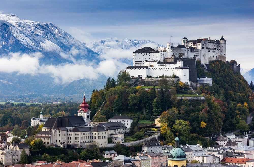 Beautiful view of Salzburg skyline with Festung Hohensalzburg and Salzach River in summer, Salzburg, Austria 
