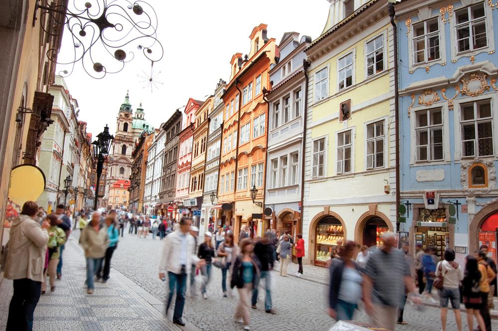 Crowd of people in streets of Prague, Czech Republic