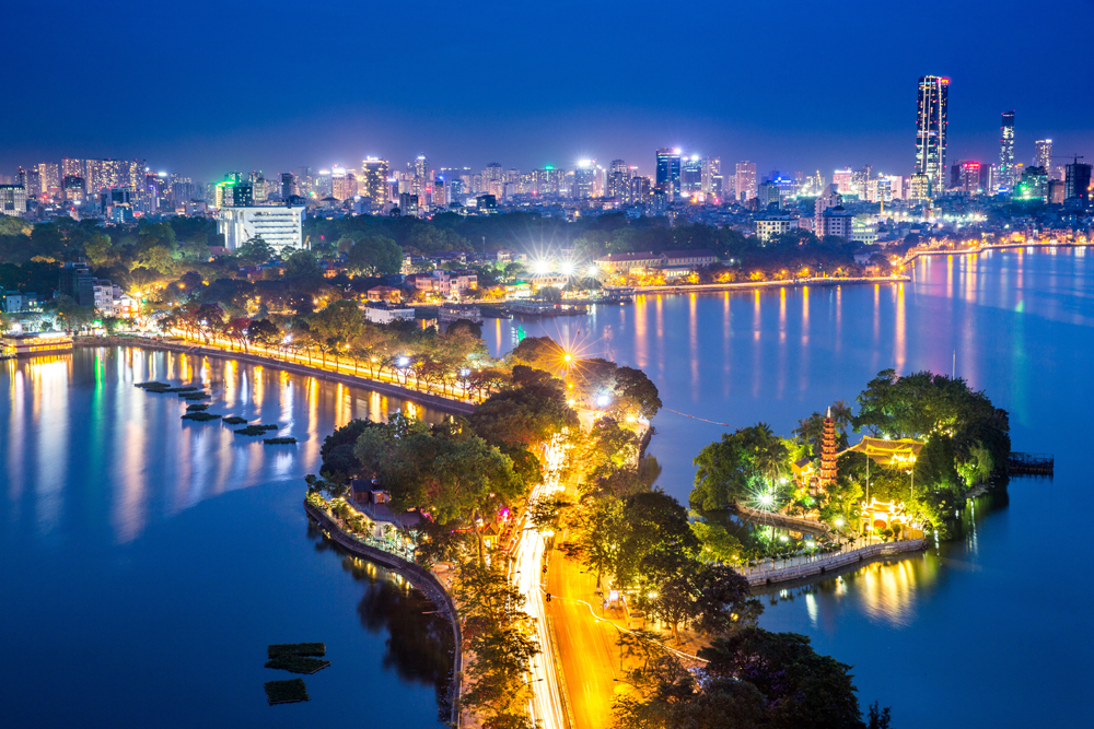 Night time view of West Lake, Hanoi, Vietnam 